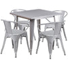 31.5'' Square Silver Metal Indoor-Outdoor Table Set with 4 Arm Chairs - Flash Furniture