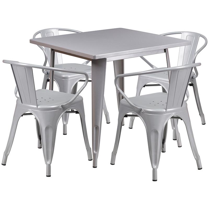 31.5'' Square Silver Metal Indoor-Outdoor Table Set with 4 Arm Chairs - Flash Furniture