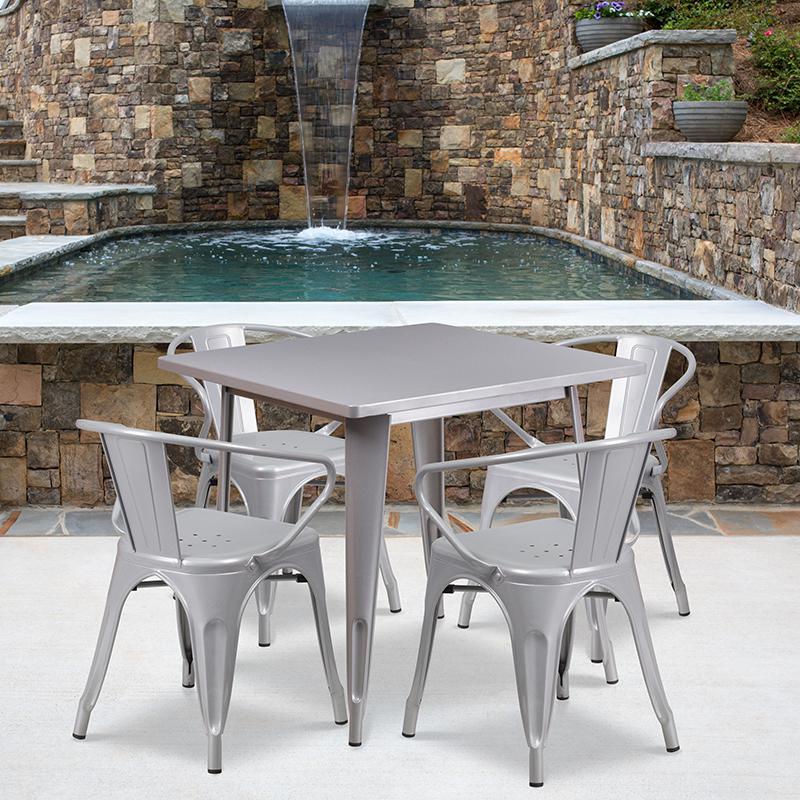 31.5'' Square Silver Metal Indoor-Outdoor Table Set with 4 Arm Chairs - Flash Furniture