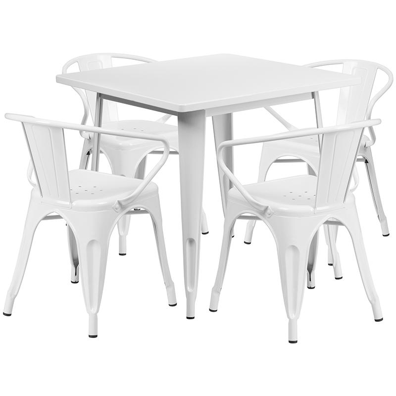 31.5'' Square White Metal Indoor-Outdoor Table Set with 4 Arm Chairs - Flash Furniture