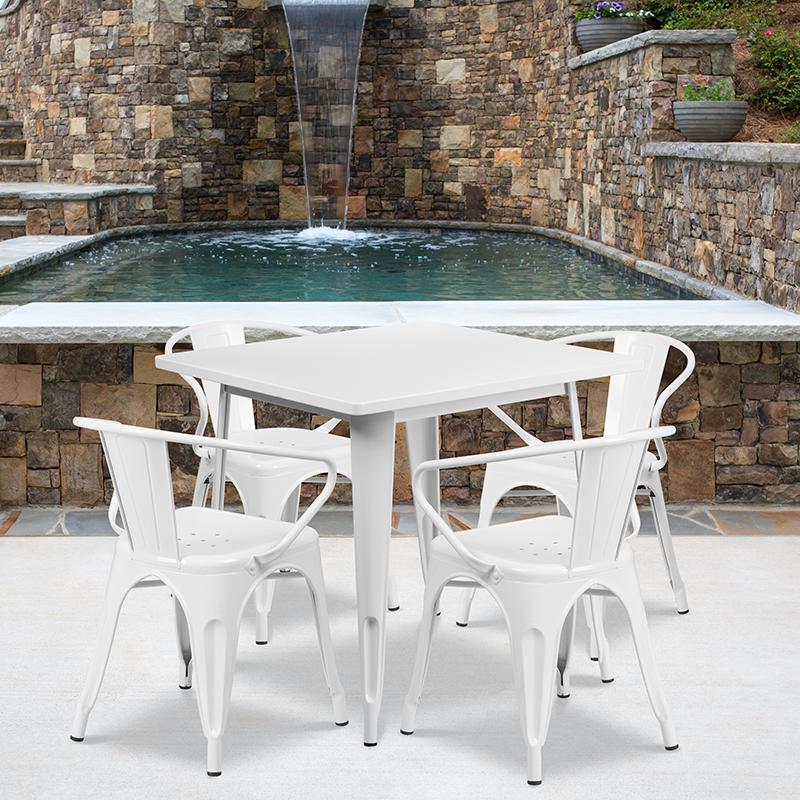 31.5'' Square White Metal Indoor-Outdoor Table Set with 4 Arm Chairs - Flash Furniture