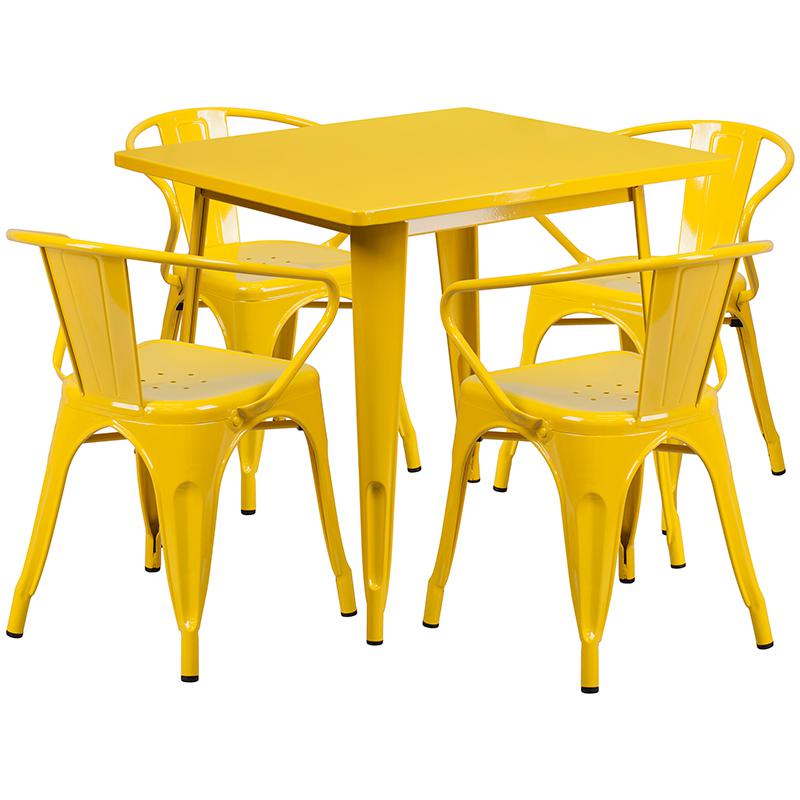 31.5'' Square Yellow Metal Indoor-Outdoor Table Set with 4 Arm Chairs - Flash Furniture