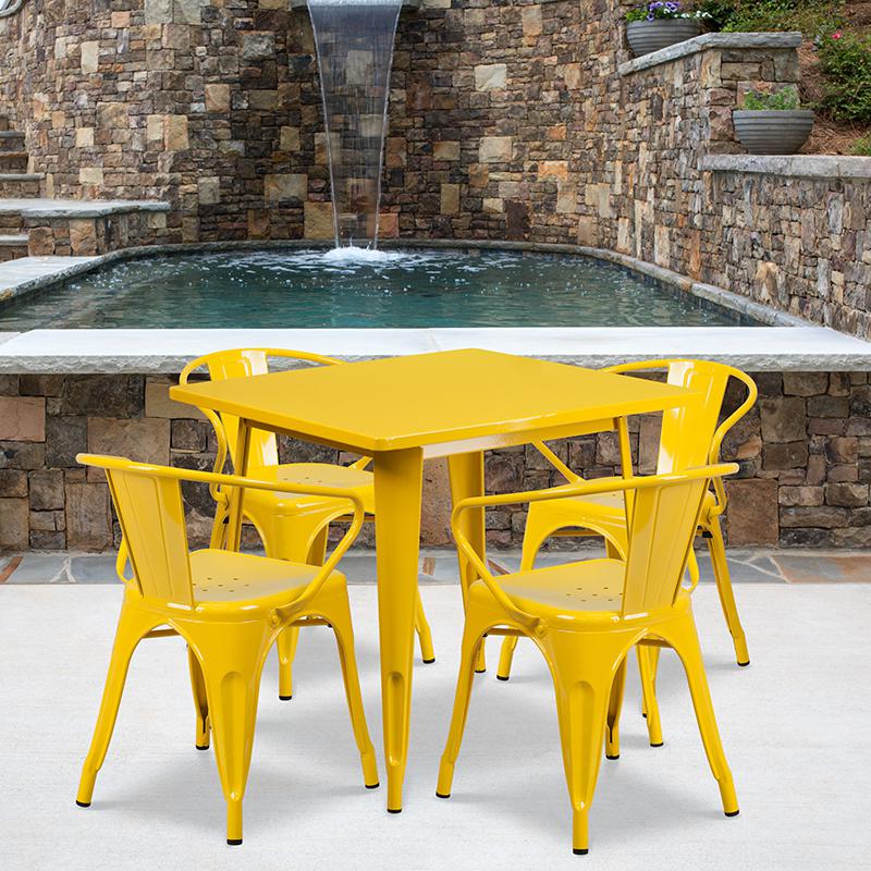 31.5'' Square Yellow Metal Indoor-Outdoor Table Set with 4 Arm Chairs - Flash Furniture