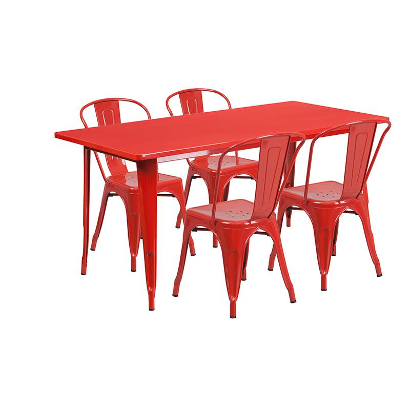 31.5'' x 63'' Rectangular Red Metal Indoor-Outdoor Table Set with 4 Stack Chairs - Flash Furniture