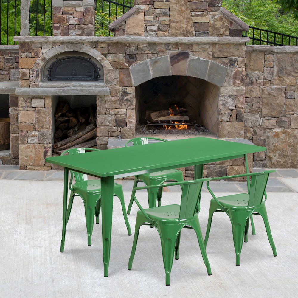 31.5'' x 63'' Rectangular Green Metal Indoor-Outdoor Table Set with 4 Arm Chairs - Flash Furniture