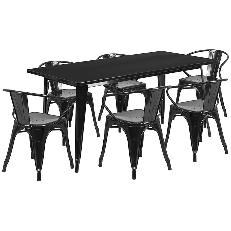 31.5'' x 63'' Rectangular Black Metal Indoor-Outdoor Table Set with 6 Arm Chairs - Flash Furniture