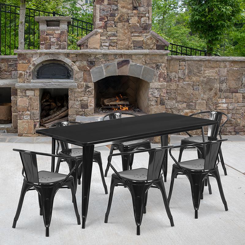 31.5'' x 63'' Rectangular Black Metal Indoor-Outdoor Table Set with 6 Arm Chairs - Flash Furniture