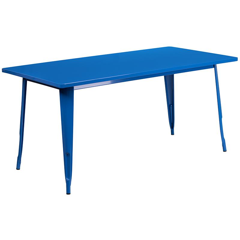 31.5'' x 63'' Rectangular Blue Metal Indoor-Outdoor Table Set with 6 Arm Chairs - Flash Furniture