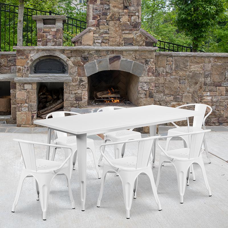 31.5'' x 63'' Rectangular White Metal Indoor-Outdoor Table Set with 6 Arm Chairs - Flash Furniture