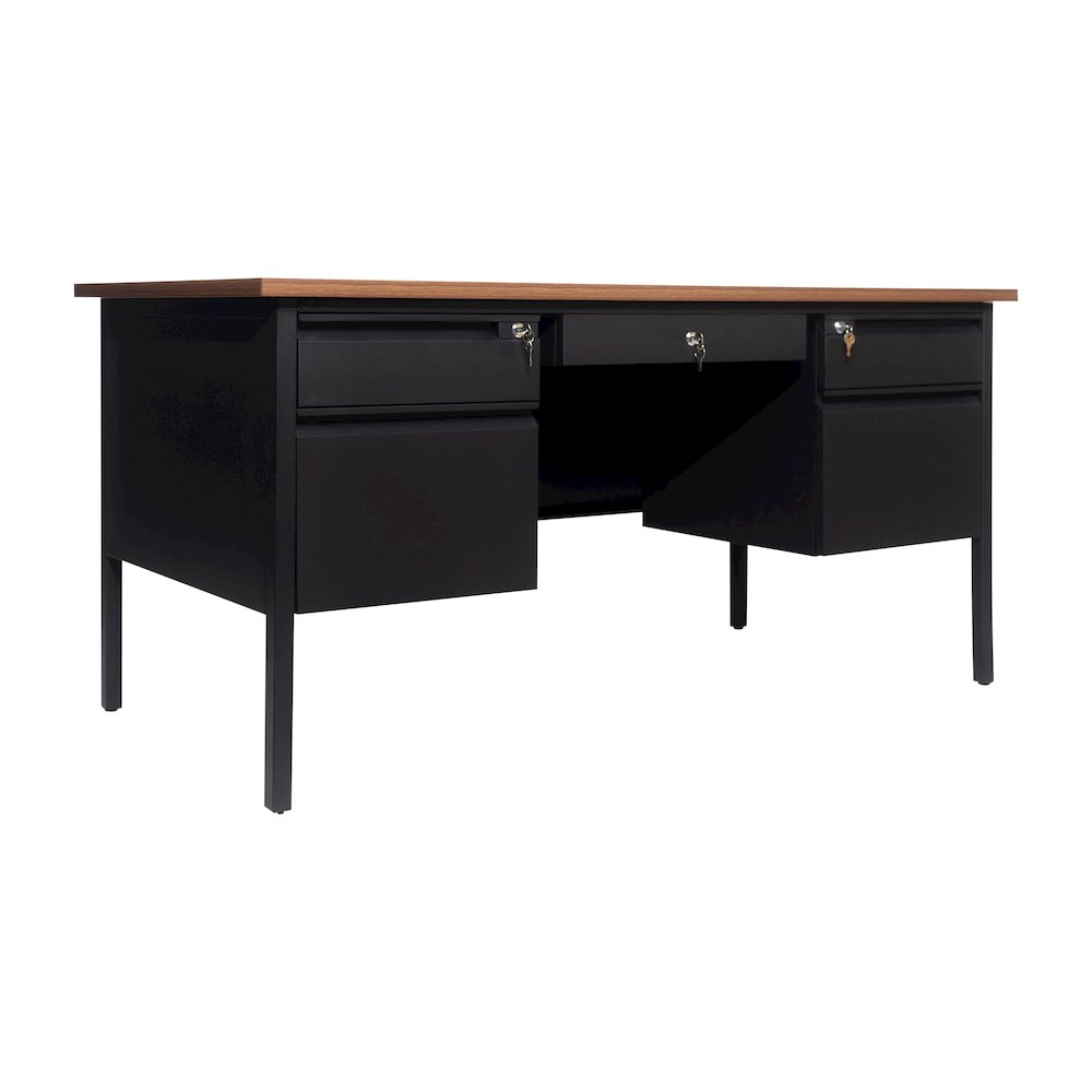 30x60 Double Pedestal Desk with 5 Locking Drawers, Walnut Top and Black Frame - Flash Furniture