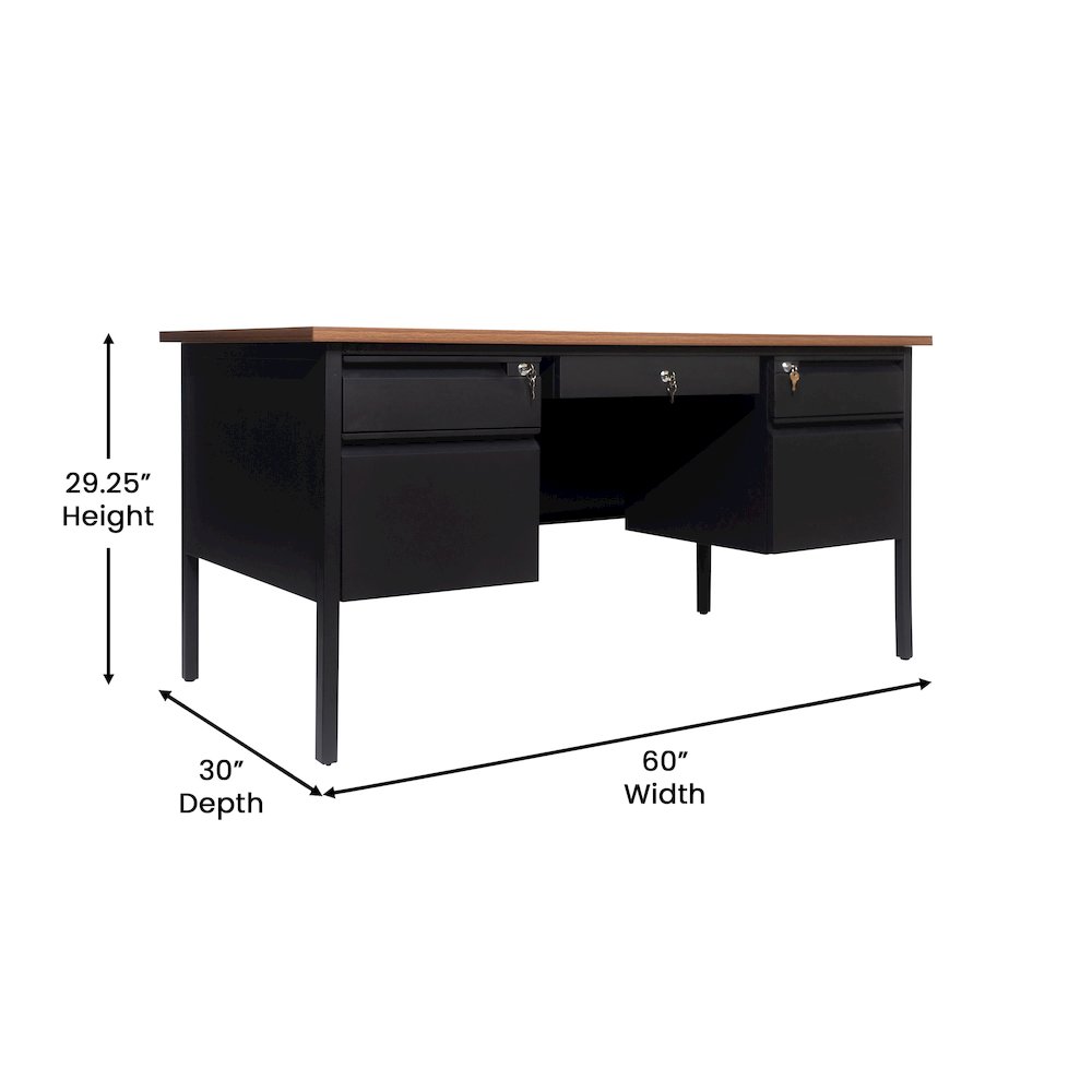 30x60 Double Pedestal Desk with 5 Locking Drawers, Walnut Top and Black Frame - Flash Furniture
