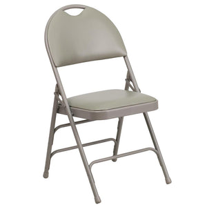 HERCULES Series Ultra-Premium Triple Braced Gray Vinyl Metal Folding Chair with Easy-Carry Handle - Flash Furniture