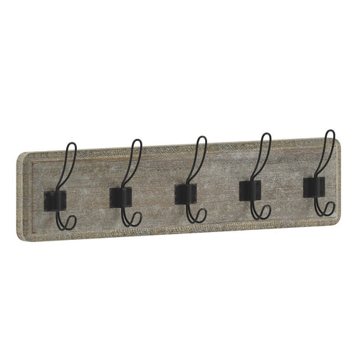 Wall Mounted 24 in Weathered Solid Pine Wood Storage Rack with 5 Hooks - Flash Furniture