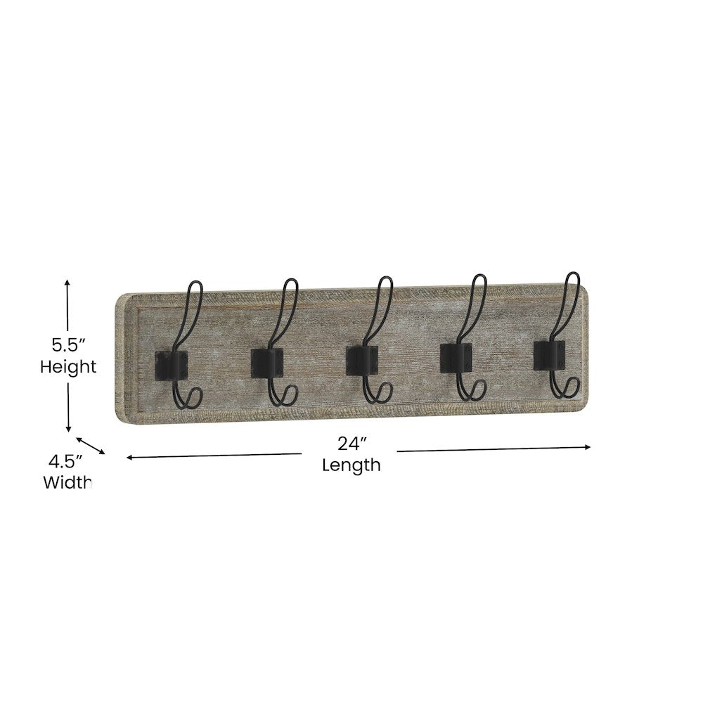 Wall Mounted 24 in Weathered Solid Pine Wood Storage Rack with 5 Hooks - Flash Furniture