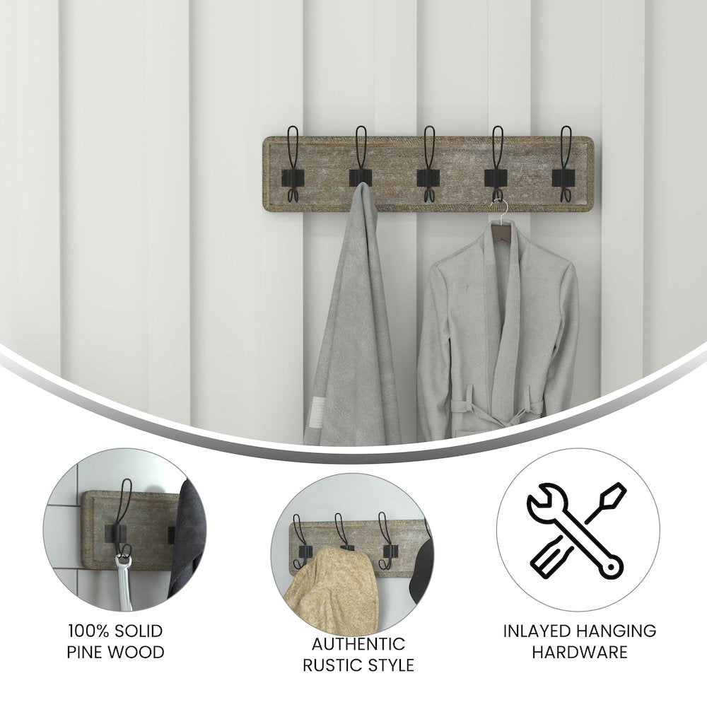 Wall Mounted 24 in Weathered Solid Pine Wood Storage Rack with 5 Hooks - Flash Furniture