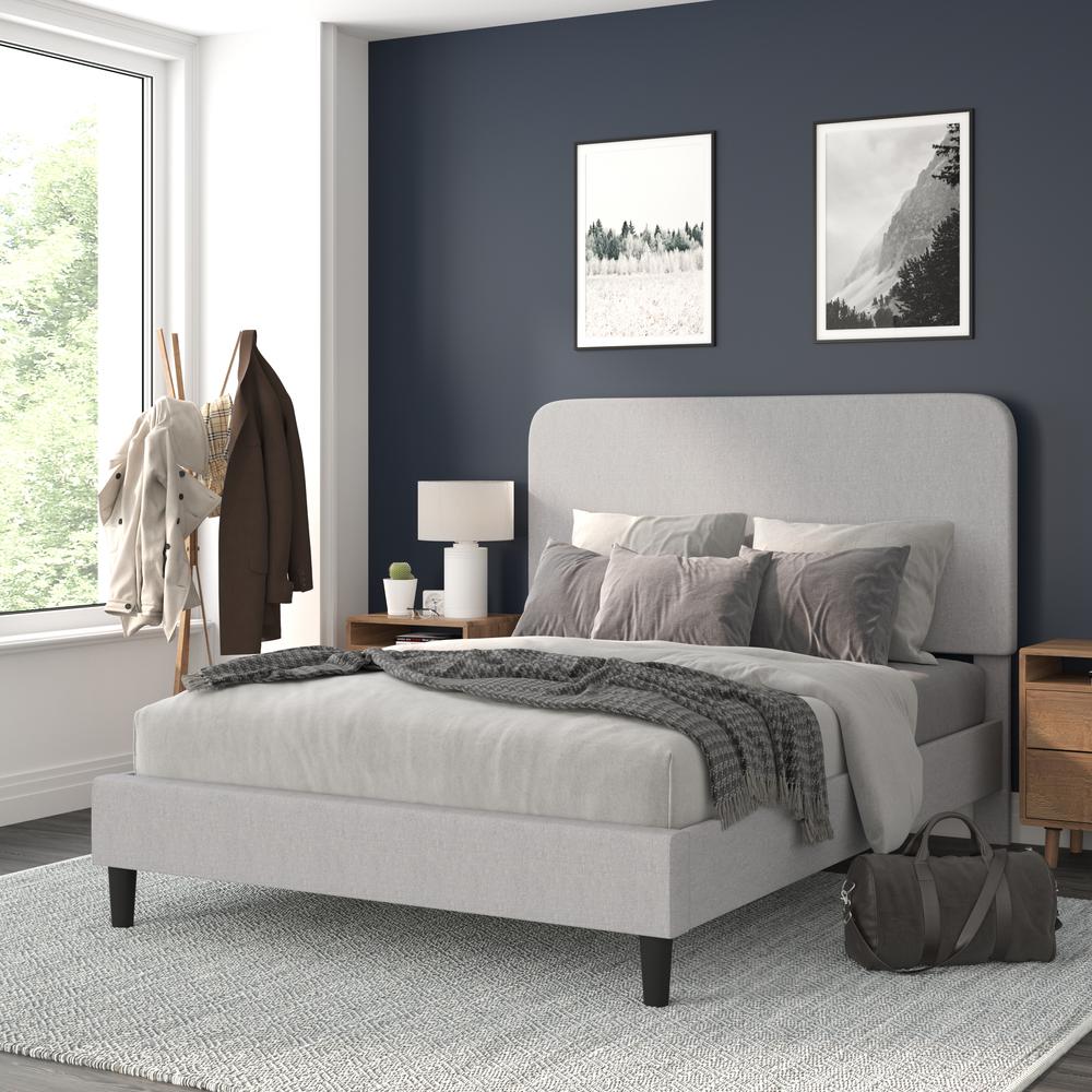 Light Grey Queen Fabric Upholstered Platform Bed - Headboard with Rounded Edges - Flash Furniture