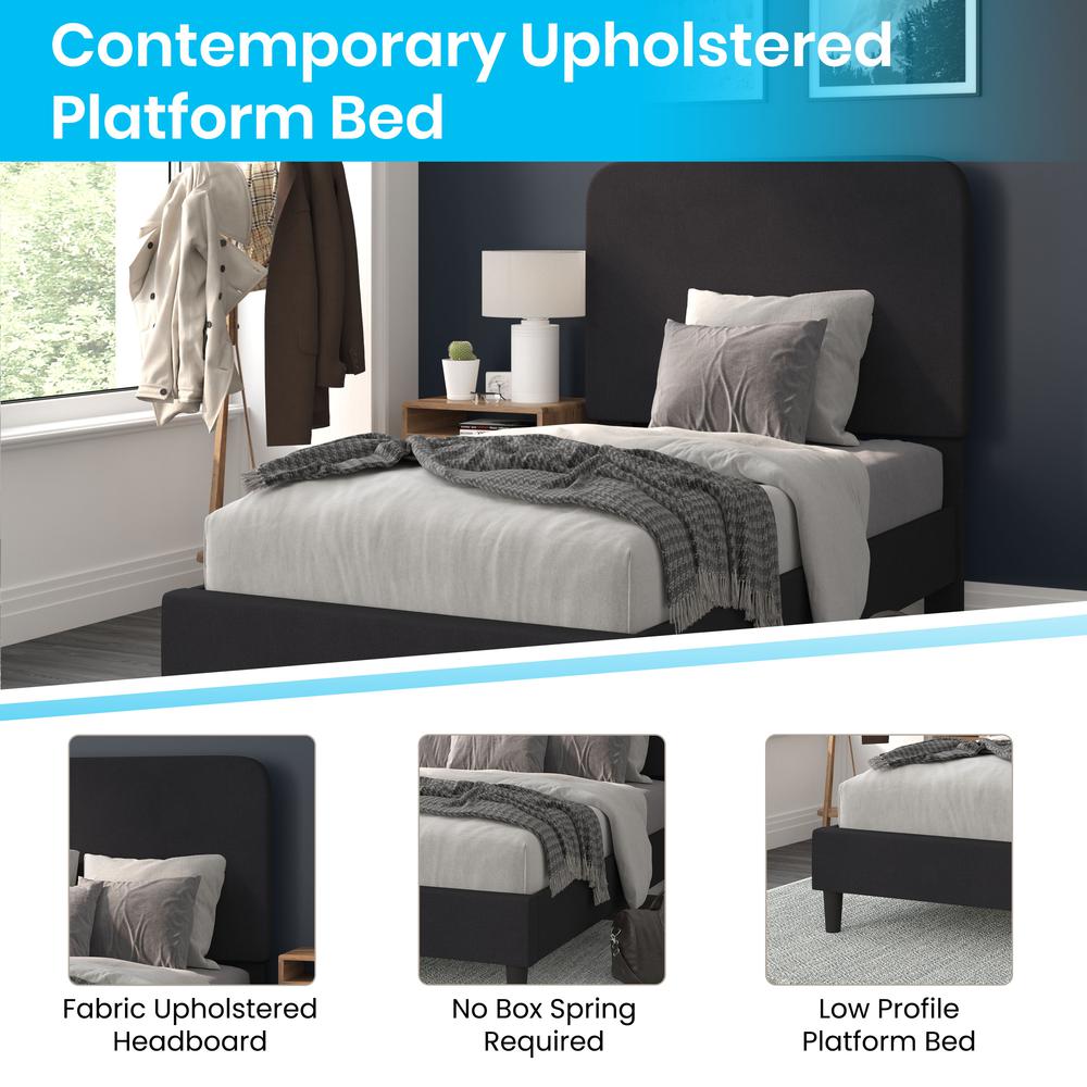 Charcoal Twin Fabric Upholstered Platform Bed - Headboard with Rounded Edges - Flash Furniture