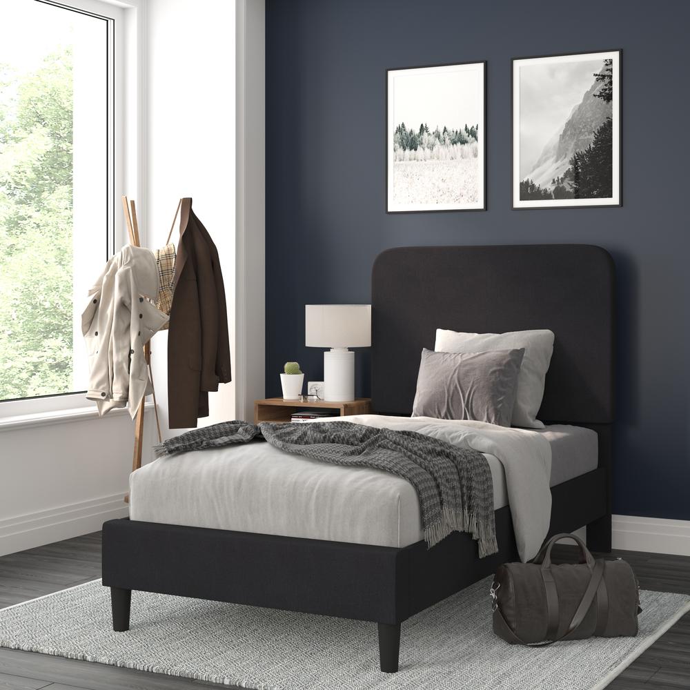 Charcoal Twin Fabric Upholstered Platform Bed - Headboard with Rounded Edges - Flash Furniture