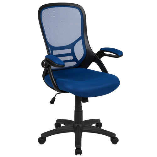 High Back Blue Mesh Swivel Office Chair with Black Frame and Flip-up Arms - Flash Furniture