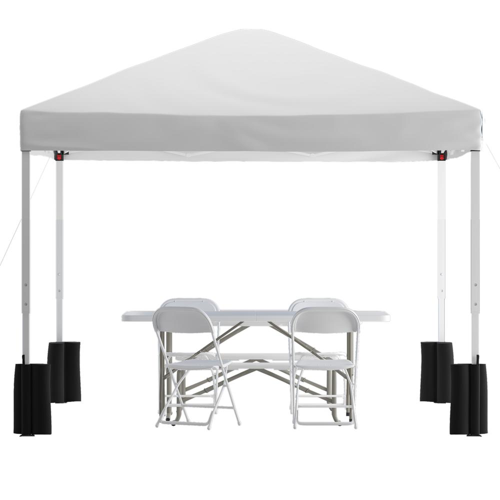 Tent Set-10'x10' Wheeled White Canopy Tent, 6-Foot Table, 4 White Folding Chairs - Flash Furniture