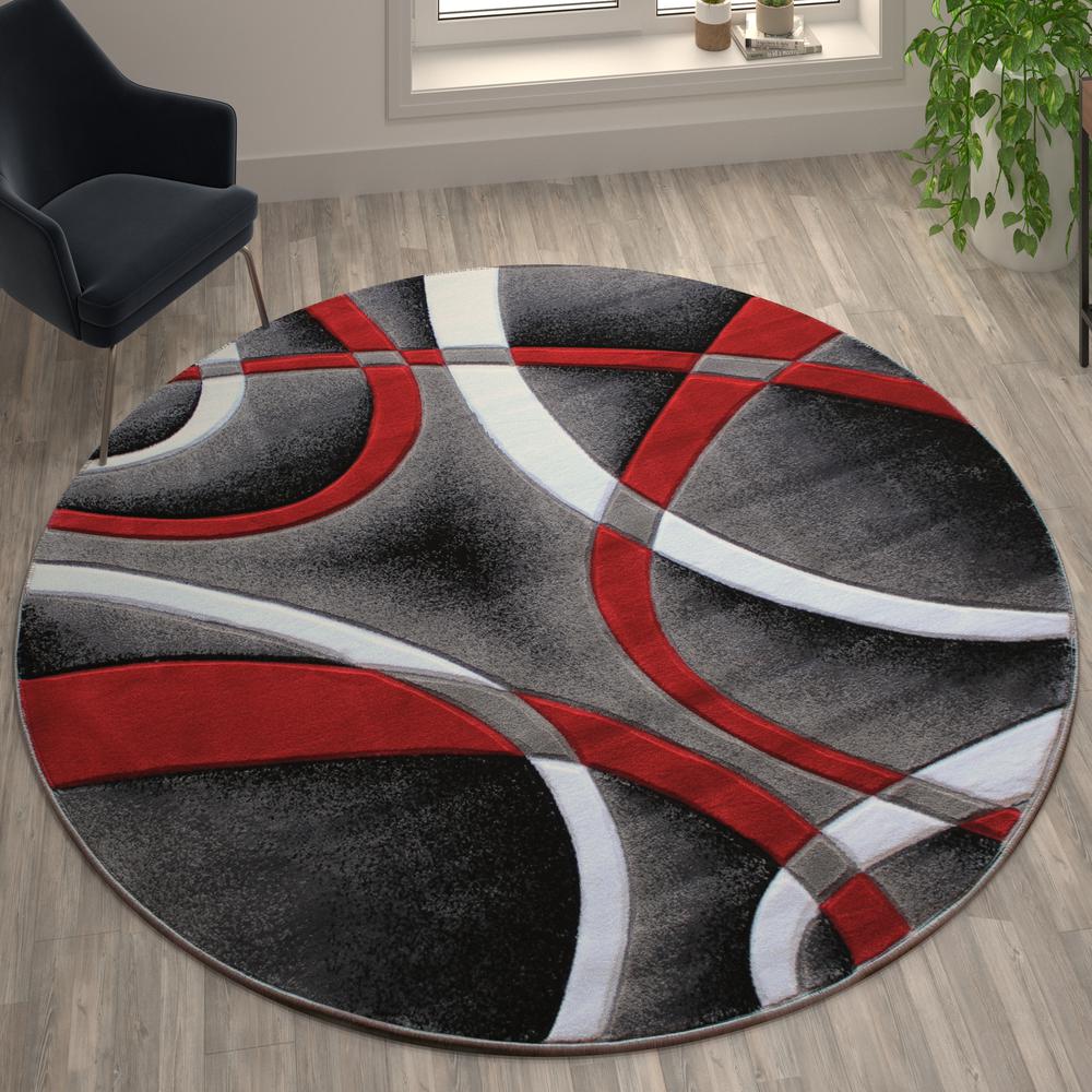 8' x 8' Red Round Abstract Area Rug - Olefin Rug - Flash Furniture