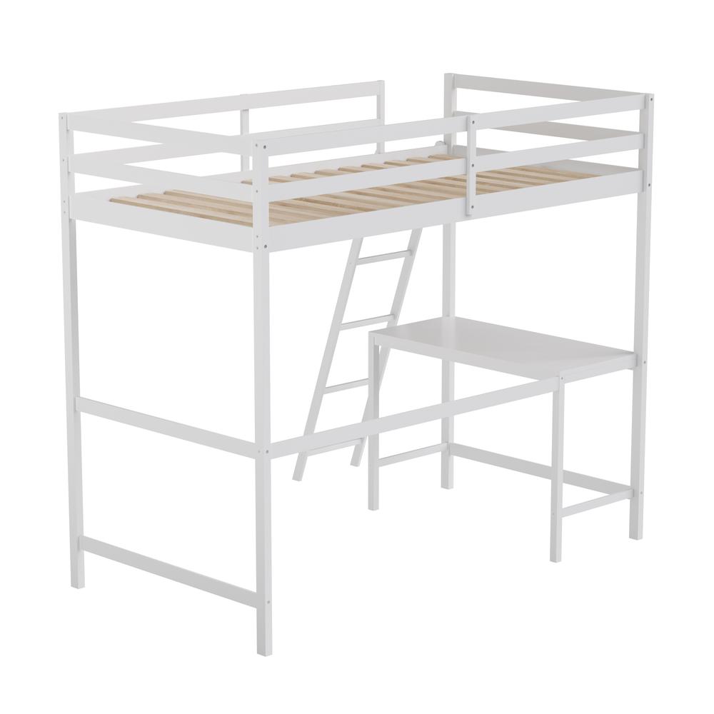 Loft Bed Frame with Desk, Twin Size with Protective Guard Rails - White - Flash Furniture