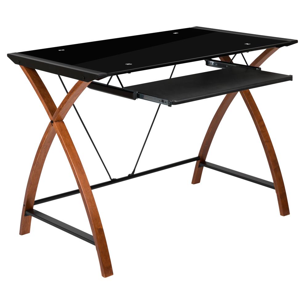 Black Glass Computer Desk with Pull-Out Keyboard Tray and Crisscross Frame - Flash Furniture