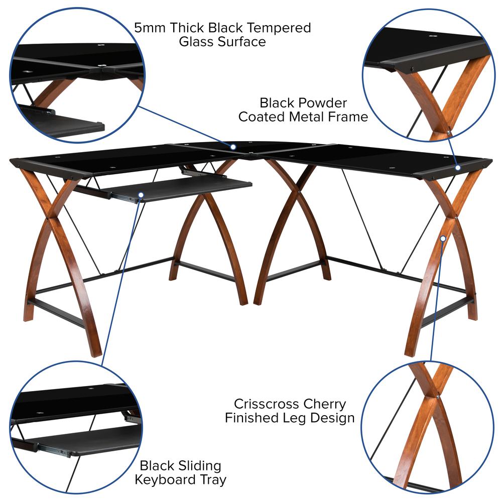 Black Glass L-Shape Corner Computer Desk with Pull-Out Keyboard Tray - Flash Furniture