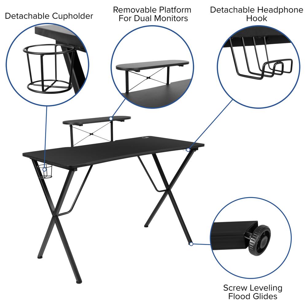 Black Gaming Desk with Cup Holder, Headphone Hook, and Monitor/Smartphone Stand - Flash Furniture
