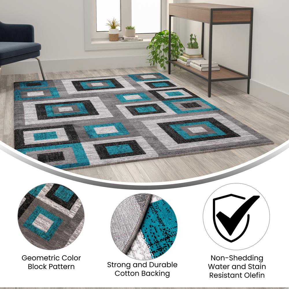 Geometric 5' x 7' Turquoise, Grey, and White Olefin Area Rug with Cotton Backing - Flash Furniture