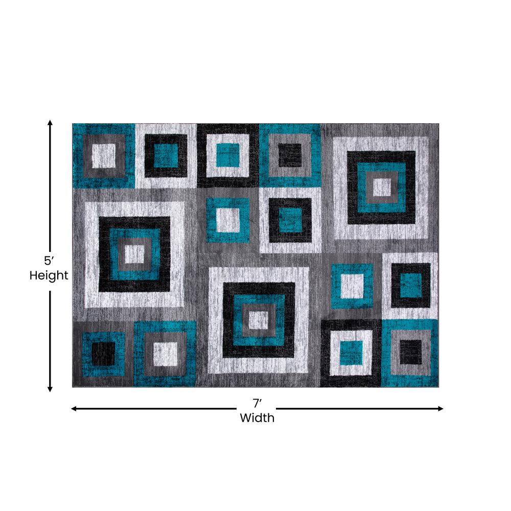 Geometric 5' x 7' Turquoise, Grey, and White Olefin Area Rug with Cotton Backing - Flash Furniture