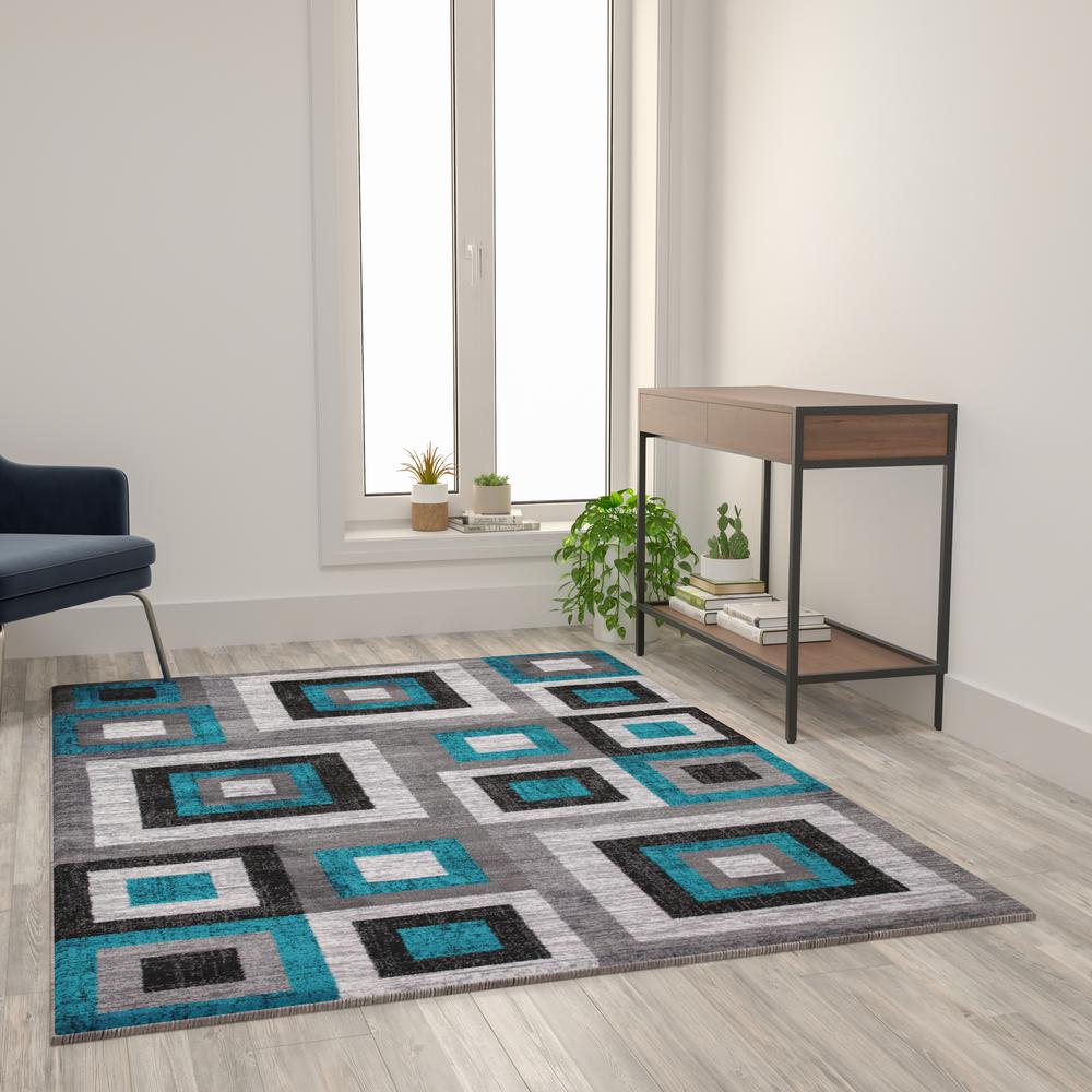 Geometric 5' x 7' Turquoise, Grey, and White Olefin Area Rug with Cotton Backing - Flash Furniture