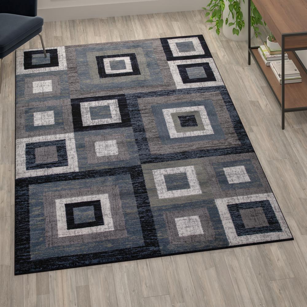 Geometric 6' x 9' Blue, Grey, and White Olefin Area Rug with Cotton Backing - Flash Furniture