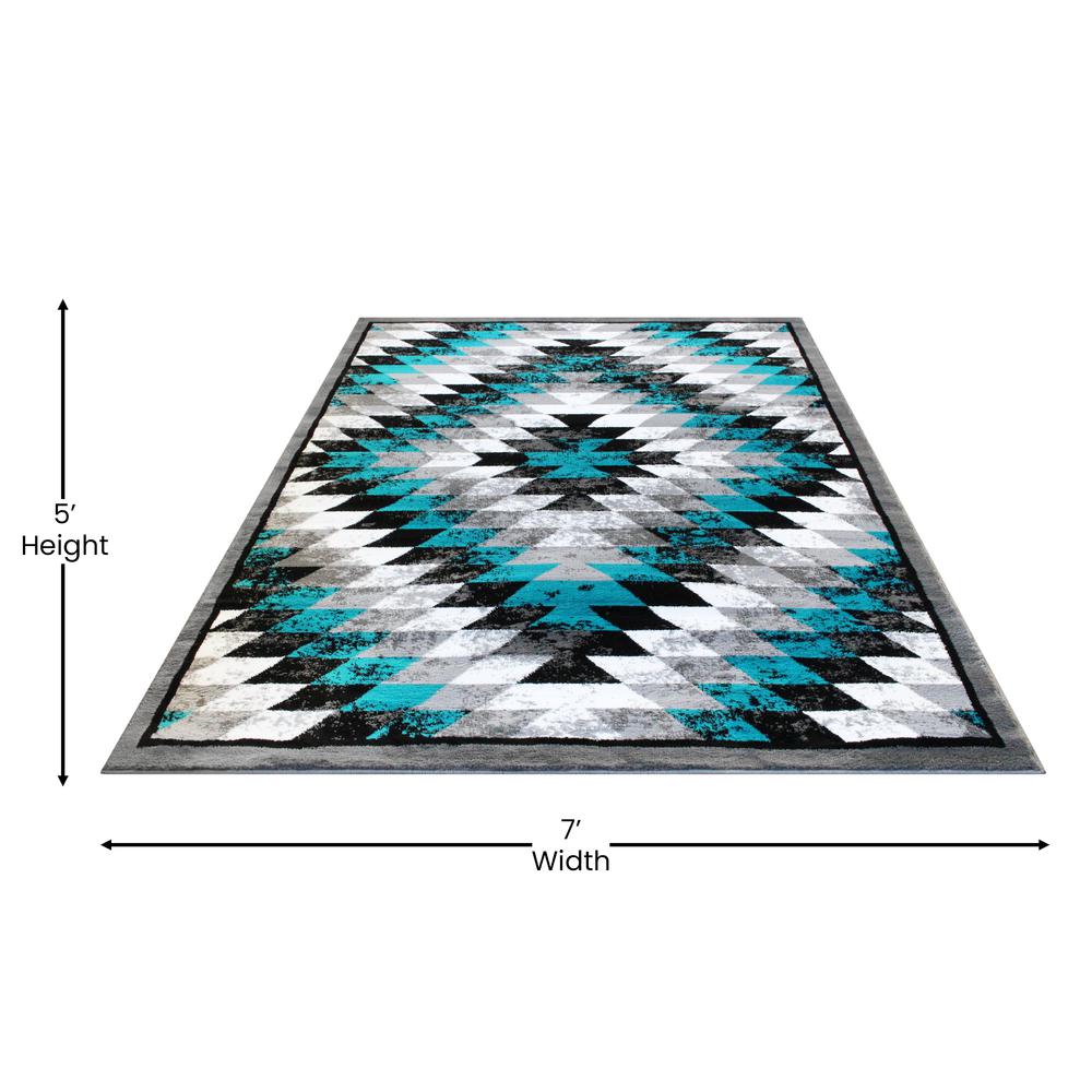 Southwestern 5' x 7' Turquoise Area Rug - Olefin Rug with Jute Backing - Flash Furniture