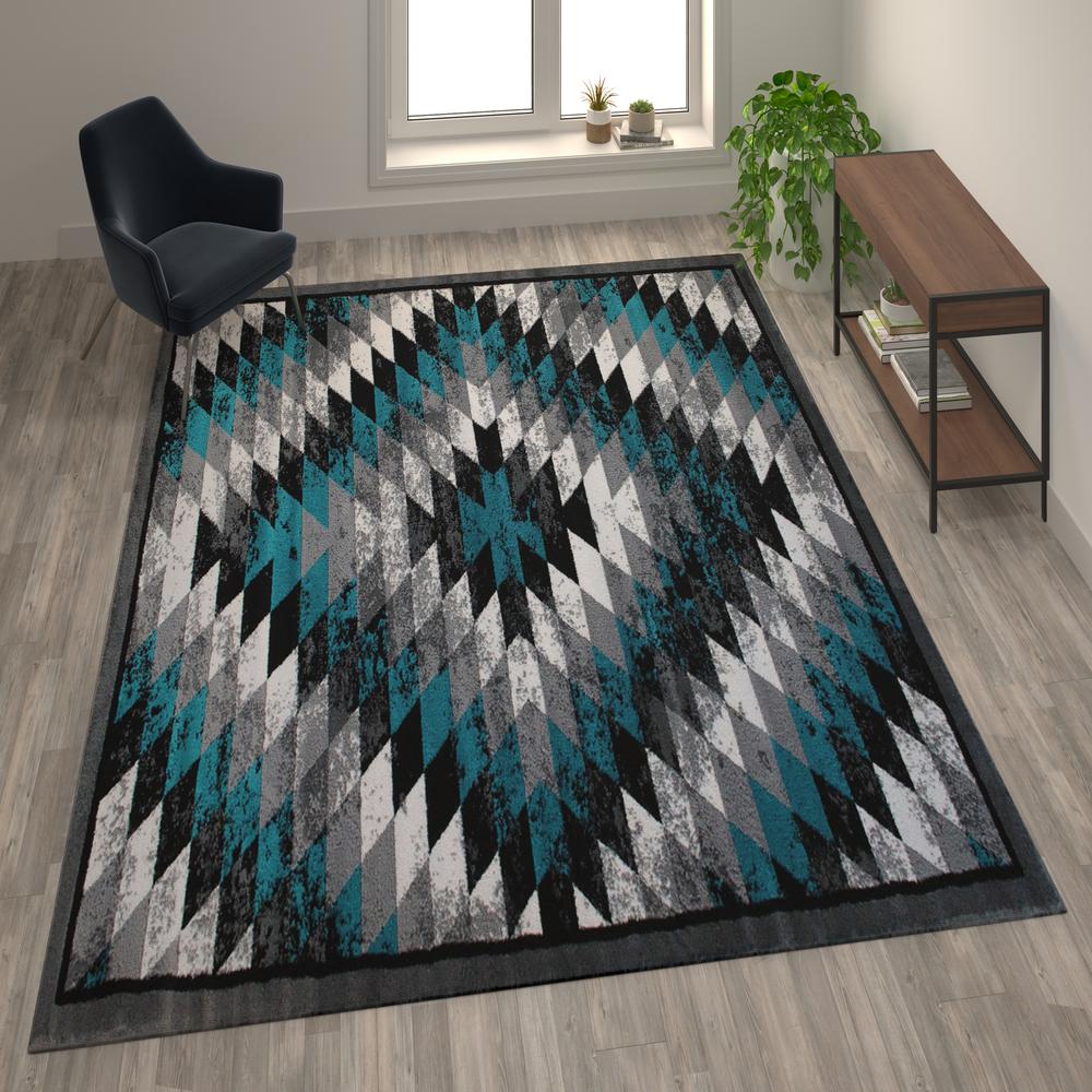 Southwestern 5' x 7' Turquoise Area Rug - Olefin Rug with Jute Backing - Flash Furniture