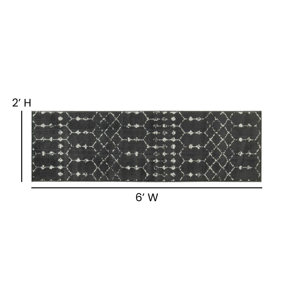 Geometric Bohemian Low Pile Rug - 2' x 6' - Dark Gray/Ivory Polyester - Flash Furniture