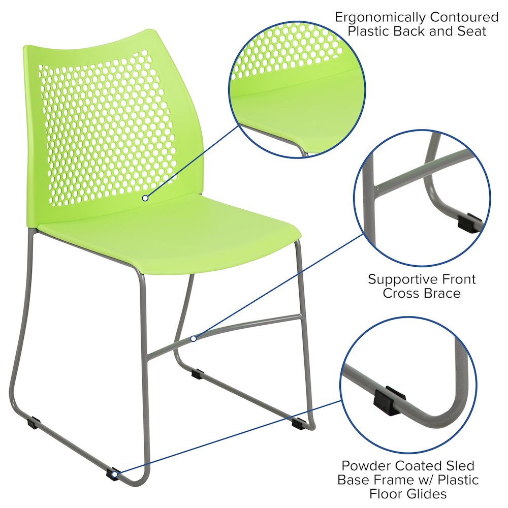 Green Stack Chair with Air-Vent Back and Gray Powder Coated Sled Base - Flash Furniture
