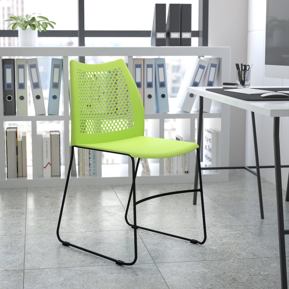 Green Stack Chair with Air-Vent Back and Gray Powder Coated Sled Base - Flash Furniture