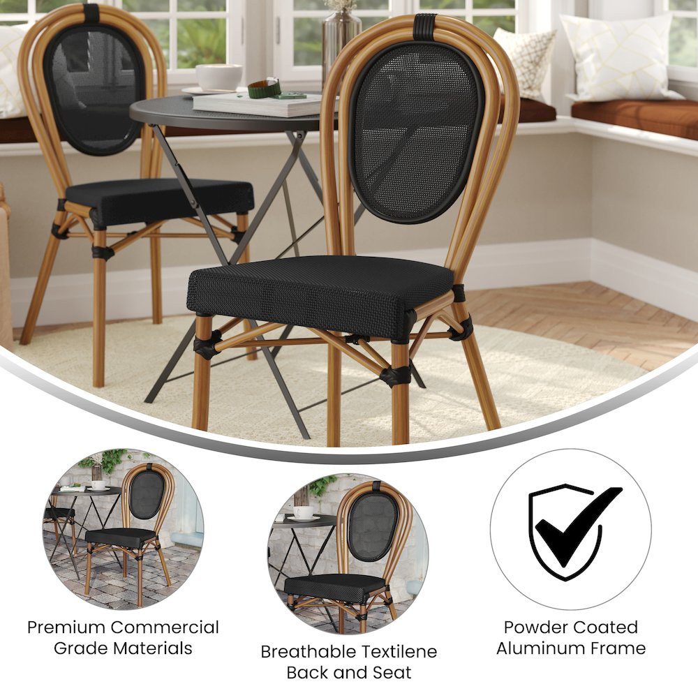 Bistro Stacking Chair, Black Textilene and Bamboo Print Aluminum Frame, Natural - Flash Furniture