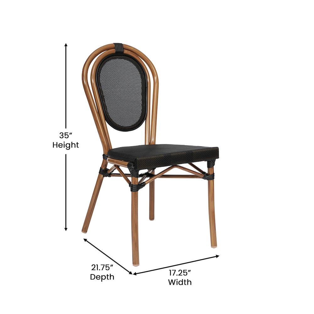 Bistro Stacking Chair, Black Textilene and Bamboo Print Aluminum Frame, Natural - Flash Furniture