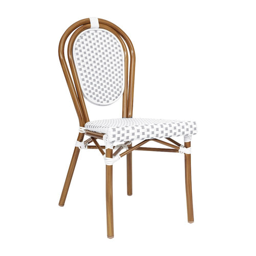 Bistro Stacking Chair, White and Gray PE Rattan and Bamboo Print Aluminum Frame - Flash Furniture