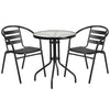 23.75'' Round Glass Metal Table with 2 Black Metal Aluminum Slat Stack Chairs - Flash Furniture
