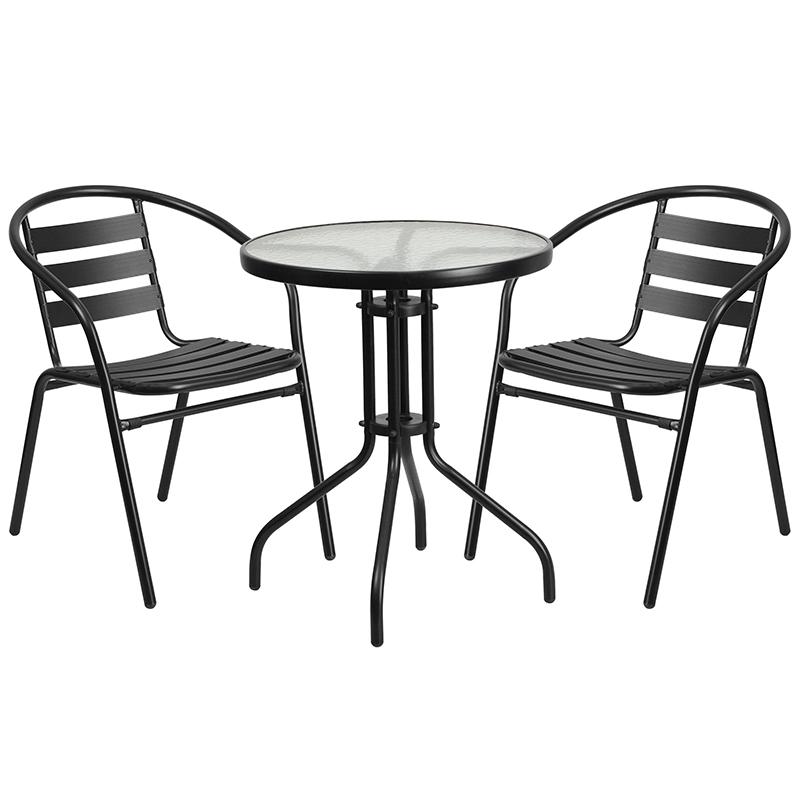 23.75'' Round Glass Metal Table with 2 Black Metal Aluminum Slat Stack Chairs - Flash Furniture