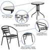 23.75'' Round Glass Metal Table with 2 Black Metal Aluminum Slat Stack Chairs - Flash Furniture