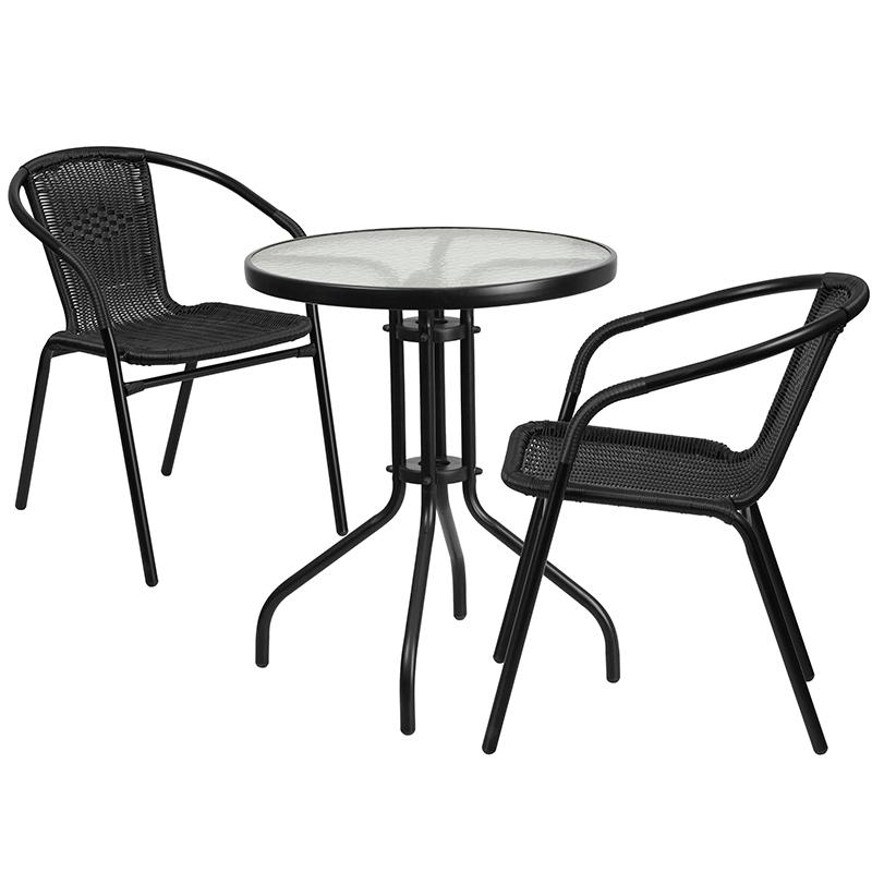 23.75'' Round Glass Metal Table with 2 Black Rattan Stack Chairs - Flash Furniture