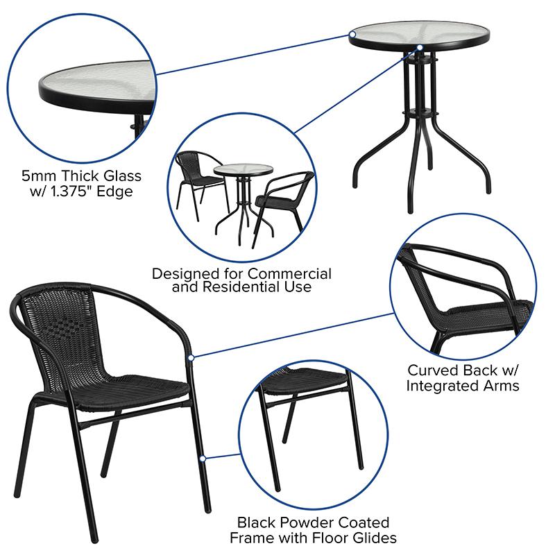 23.75'' Round Glass Metal Table with 2 Black Rattan Stack Chairs - Flash Furniture