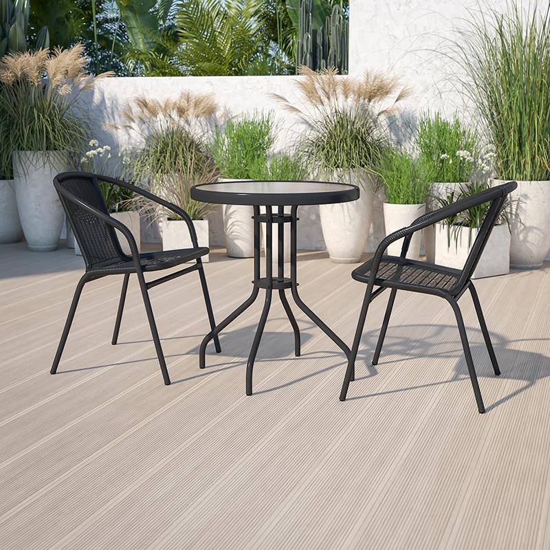 23.75'' Round Glass Metal Table with 2 Black Rattan Stack Chairs - Flash Furniture