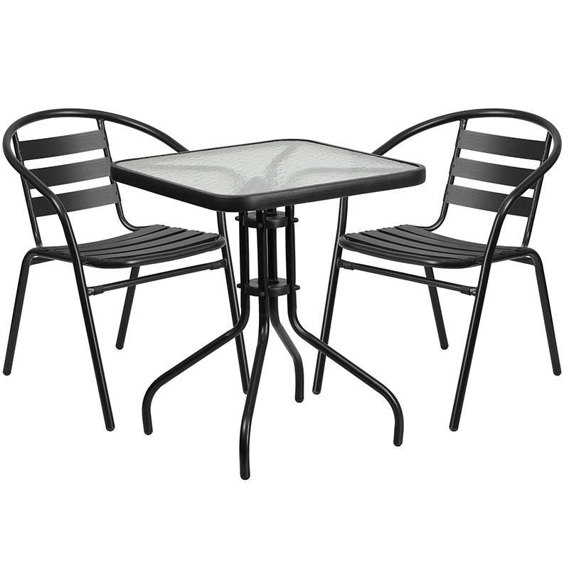 23.5'' Square Glass Metal Table with 2 Black Metal Aluminum Slat Stack Chairs - Flash Furniture