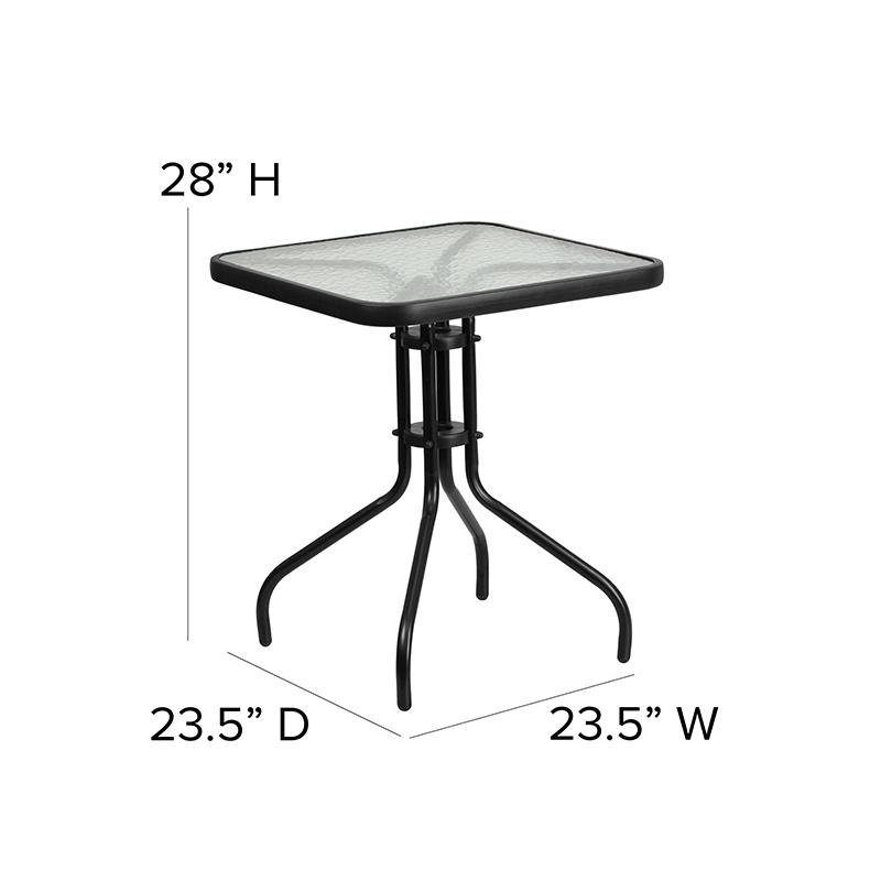 23.5'' Square Glass Metal Table with 2 Black Metal Aluminum Slat Stack Chairs - Flash Furniture