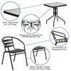 23.5'' Square Glass Metal Table with 2 Black Metal Aluminum Slat Stack Chairs - Flash Furniture